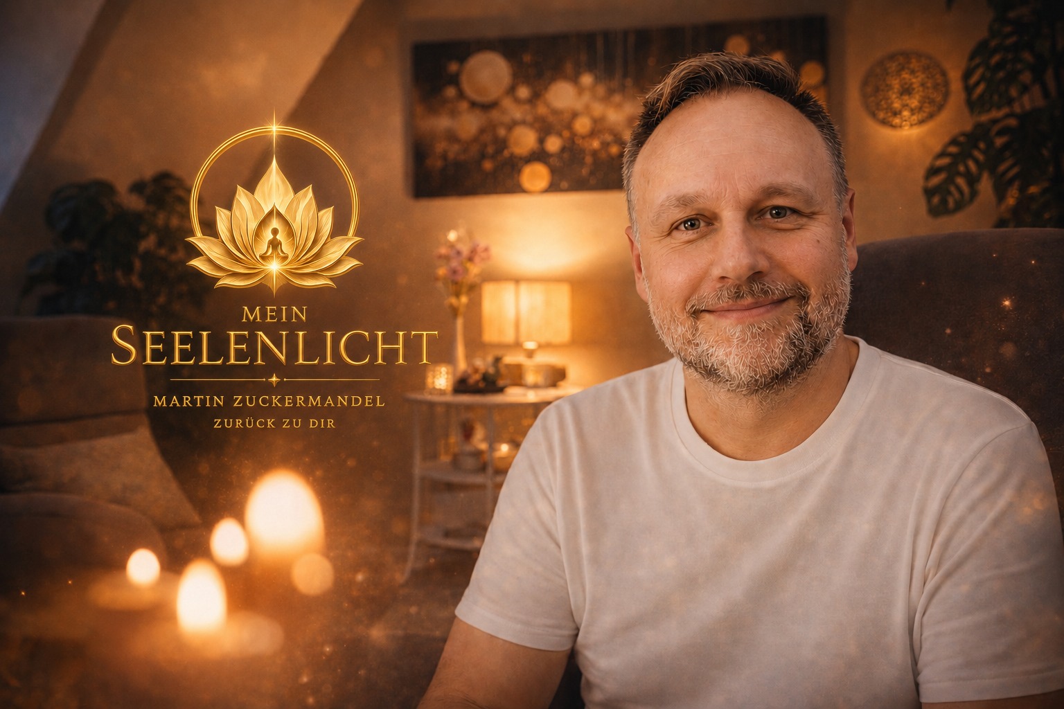 Martin Zuckermandel in seiner Praxis Mein Seelenlicht in Ansbach, daneben das Mein-Seelenlicht-Logo